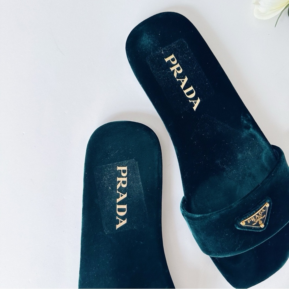 Prada Women’s Triangle Logo Dark Green Velvet Slide Sandals - Picture 7 of 13
